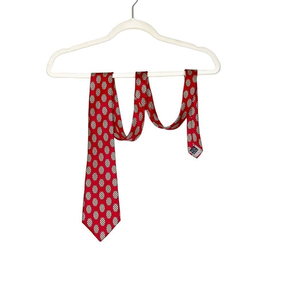 Vintage Christian Dior Men's Tie Red Houndstooth Polka Dot Geometric Silk 57x3.5
